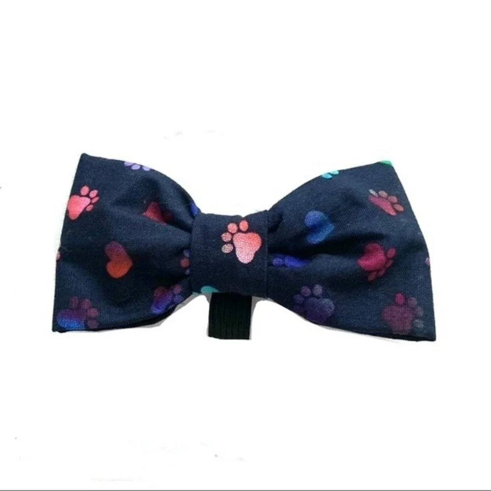 Handmade 1 Dog Bow for Collar Navy w/ Paw Print & Heart Polka Dots 4 x 2 inches